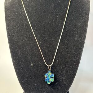 Sterling Silver 18” Snake Chain Necklace Dichroic Glass Puzzle Piece Pendant 925